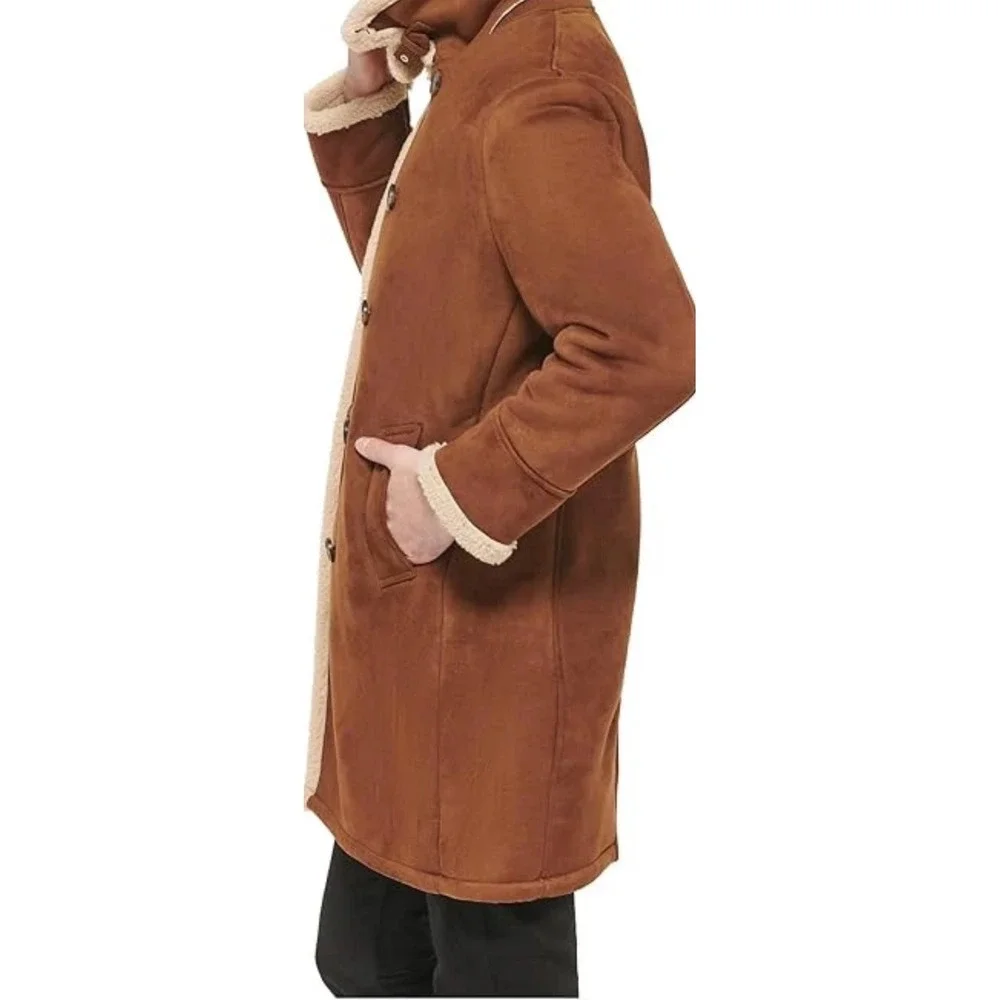 Guess Mens Faux Suede Sherpa Lined Double Breasted Coat Cognac XL 119RS218
